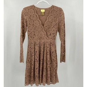 H&M Womens Dusty Rose Lace Fit Flare Pleated Long Sleeve V-Neck Dress Size 4